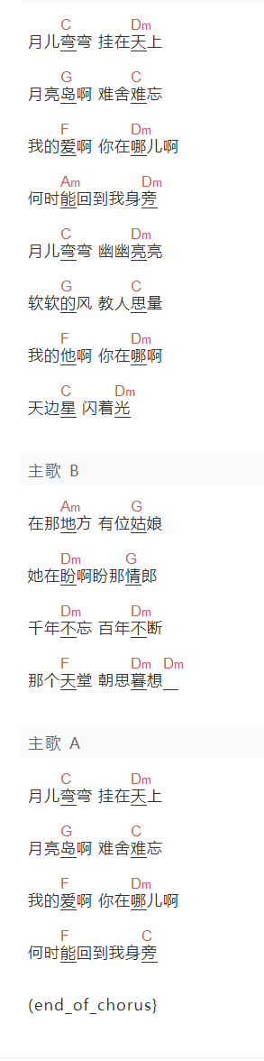 李丽芬《月儿弯弯》吉他谱C调_1