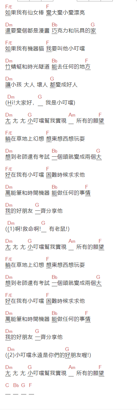范晓宣《机器猫》吉他谱C调和弦谱(txt)1