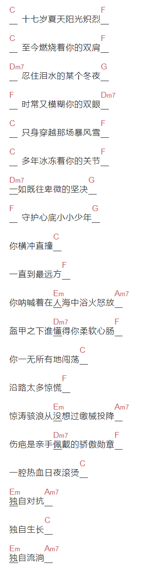 华晨宇《横冲直撞》吉他谱C调和弦谱(txt)1
