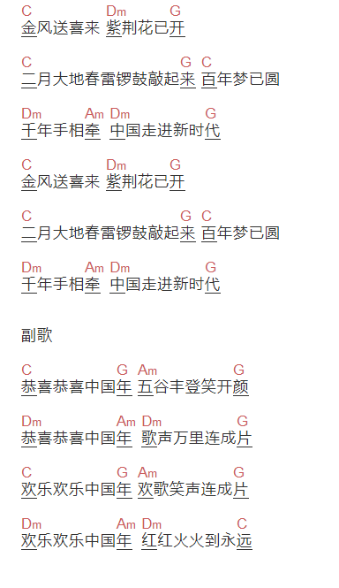 孙悦《欢乐中国年》吉他谱C调和弦谱(txt)1