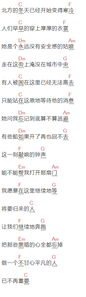 贰佰《此刻》吉他谱C调和弦谱(txt)1