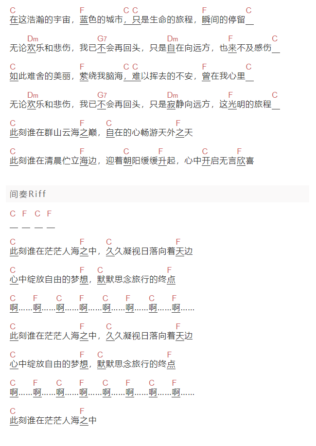 许巍《此时此刻》吉他谱C调和弦谱(txt)1
