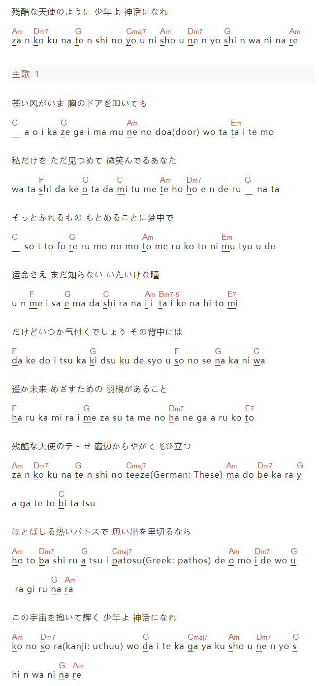 高桥洋子《残酷な天使のテーゼ》吉他谱C调和弦谱(txt)1