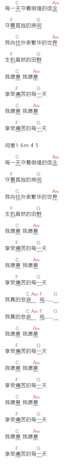 新裤子《每一天》吉他谱C调和弦谱(txt)1