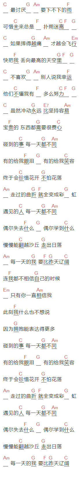 郭静《每一天都不同》吉他谱C调和弦谱(txt)1