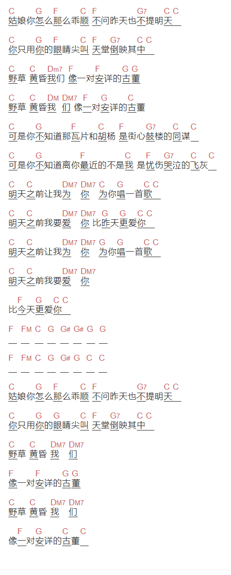 张玮玮《永安里》吉他谱C调和弦谱(txt)1