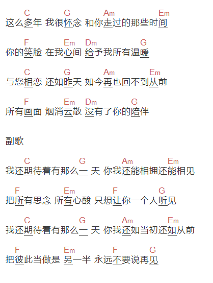 刘艺雯《永远不要说再见》吉他谱C调和弦谱(txt)1