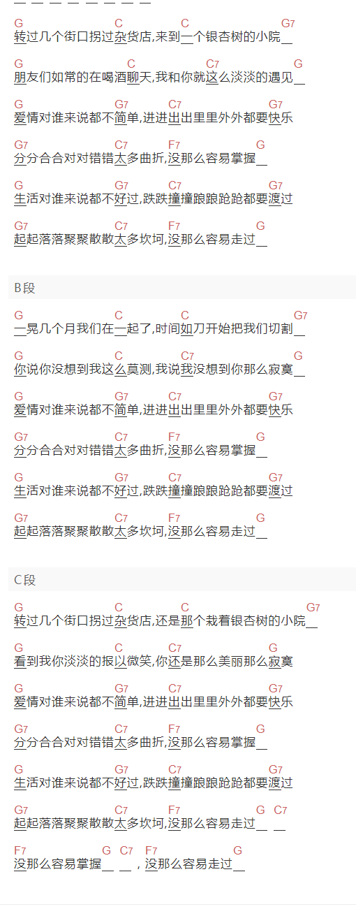 《没那么容易》吉他谱C调和弦谱(txt)1
