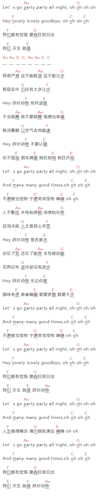 五月天《派对动物》吉他谱C调和弦谱(txt)1