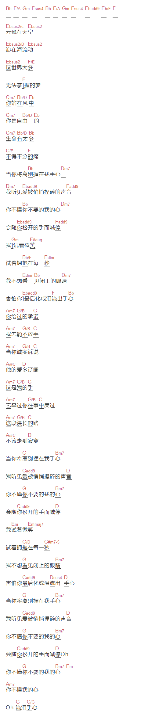 王力宏《流泪手心》吉他谱C调和弦谱(txt)1