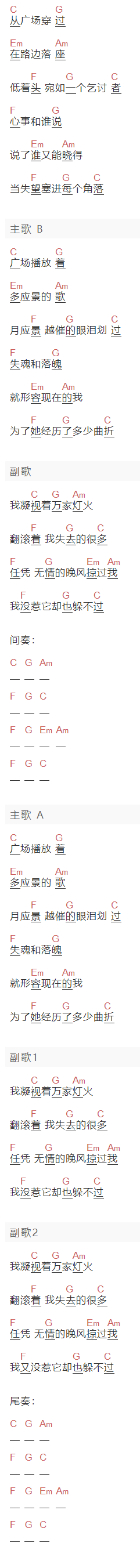 刘宇轩《流浪者》吉他谱C调和弦谱(txt)1