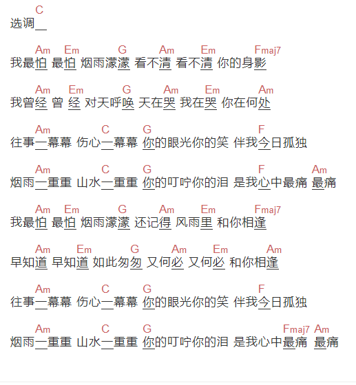 赵薇《烟雨濛濛》吉他谱C调和弦谱(txt)1