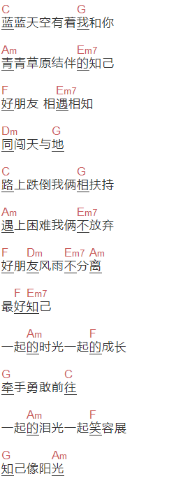 李紫昕《知己》吉他谱C调和弦谱(txt)1