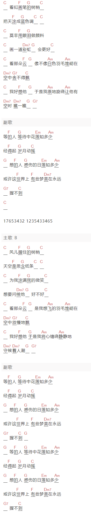 梁静茹《知多少》吉他谱C调和弦谱(txt)1