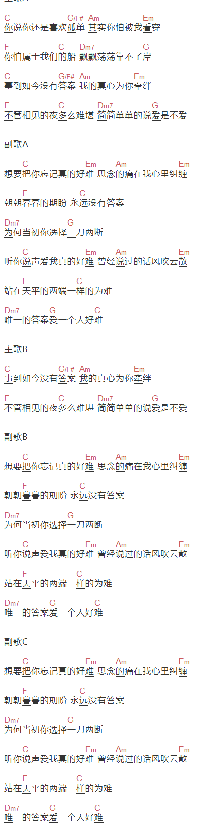 苏永康《爱一个人难》吉他谱C调和弦谱(txt)1