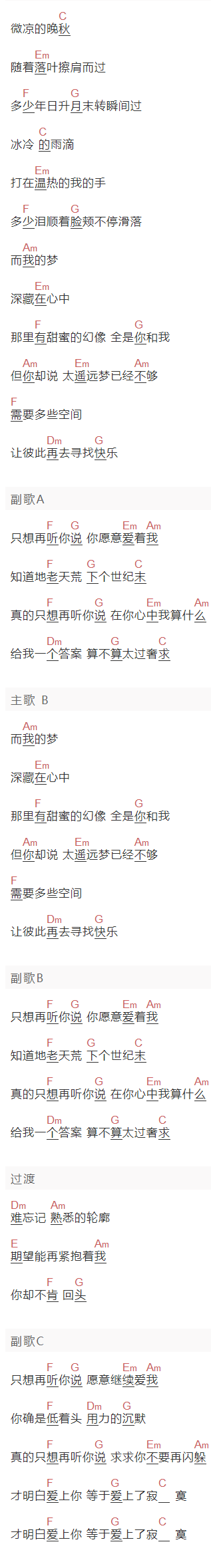 A-Lin《爱上你等于爱上寂寞》吉他谱C调和弦谱(txt)1