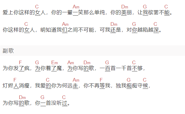 闻大地《爱上你这样的女人》吉他谱C调和弦谱(txt)1