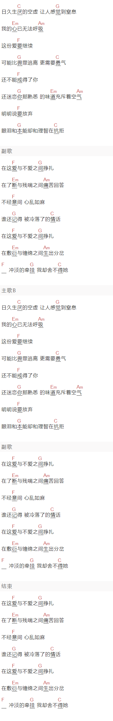 回音哥《爱与不爱之间》吉他谱C调和弦谱(txt)1