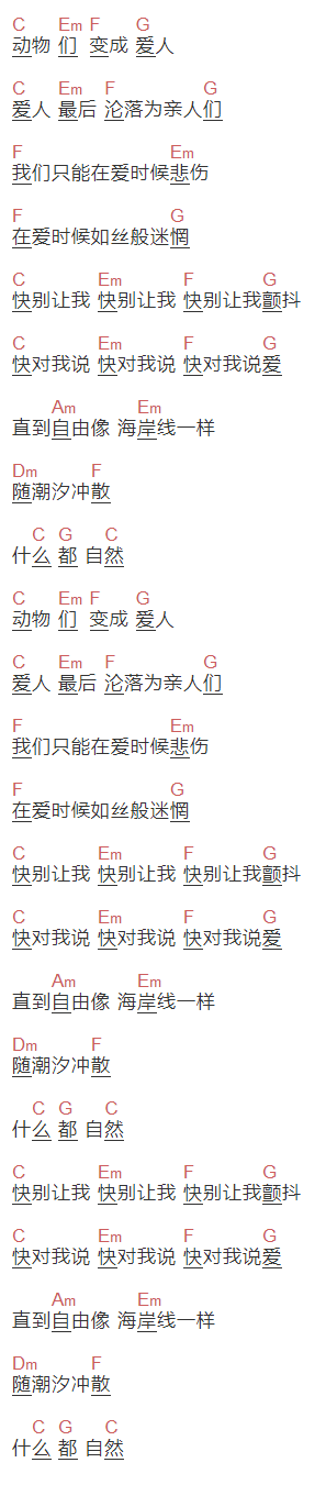 许茹芸-青峰《爱人动物》吉他谱C调和弦谱(txt)1