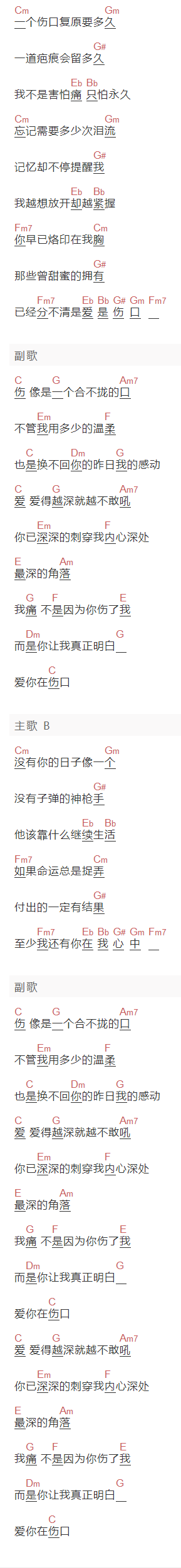 任贤齐《爱在你伤口》吉他谱C调和弦谱(txt)1