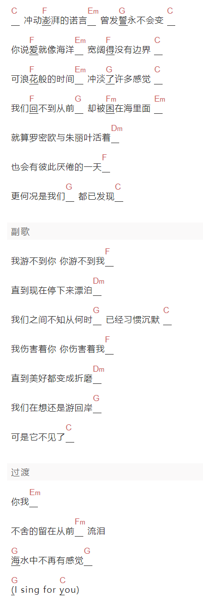 花儿乐队《爱情残酷物语》吉他谱C调和弦谱(txt)1