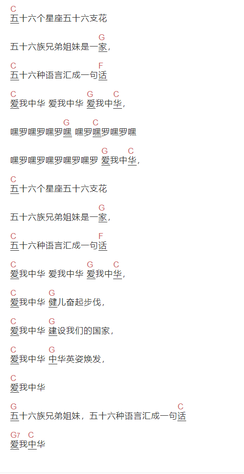 宋祖英《爱我中华》吉他谱C调和弦谱(txt)1