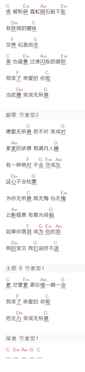 莫文蔚《爱无所畏》吉他谱C调和弦谱(txt)1