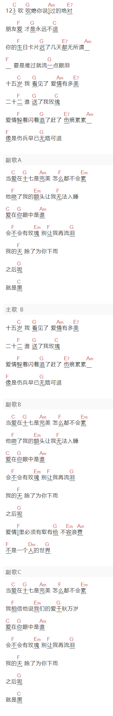 李志清《爱玫瑰》吉他谱C调和弦谱(txt)1