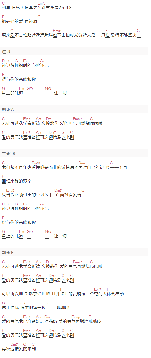 曲婉婷《爱的勇气》吉他谱C调和弦谱(txt)1