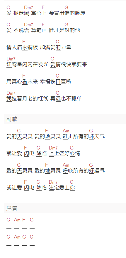 王心凌《爱的天灵灵》吉他谱C调和弦谱(txt)1