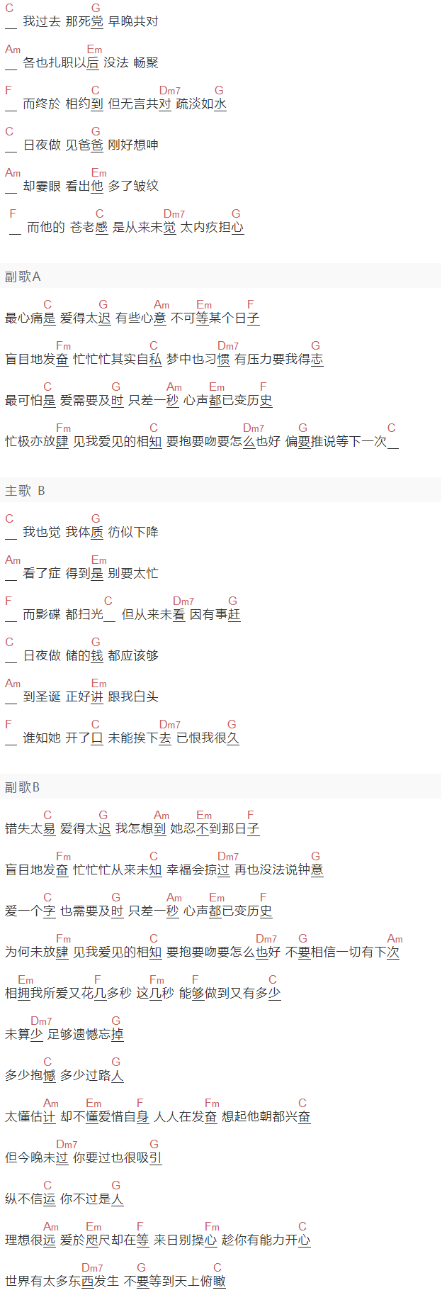 《爱的太迟》吉他谱C调和弦谱(txt)1