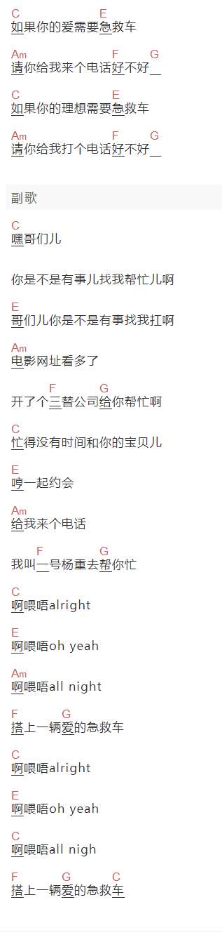 脑浊《爱的急救车》吉他谱C调和弦谱(txt)1