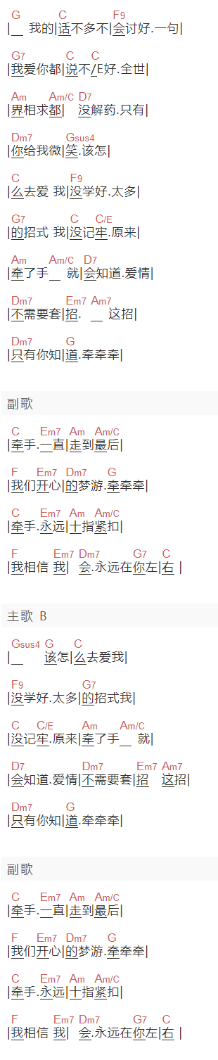 吴克群《牵牵牵手》吉他谱C调和弦谱(txt)1