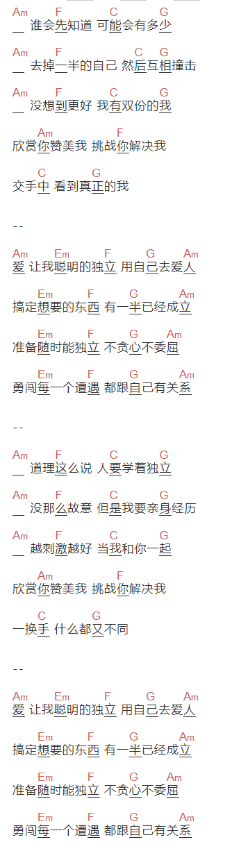 《独立》吉他谱C调和弦谱(txt)1