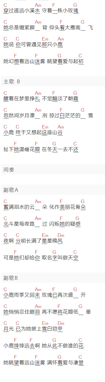 《玫瑰与小鹿》吉他谱C调和弦谱(txt)1