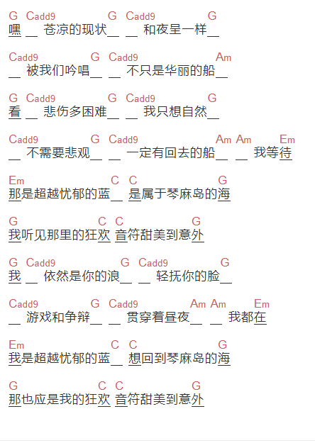 王啸坤《琴麻岛的海》吉他谱C调和弦谱(txt)1