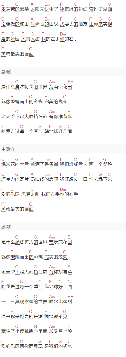 Sunshine《甜蜜具现式》吉他谱C调和弦谱(txt)1
