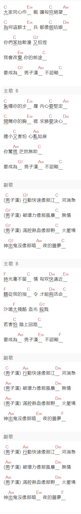 成龍《男子汉》吉他谱C调和弦谱(txt)1
