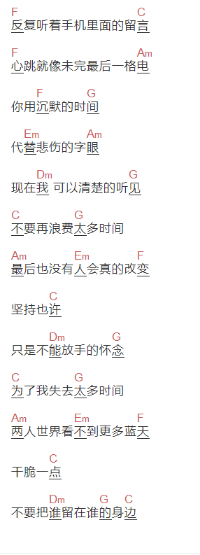 张杰《留言》吉他谱C调和弦谱(txt)1