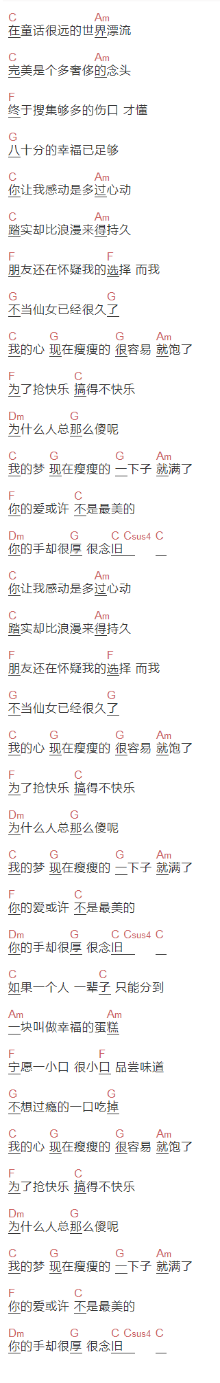 梁静茹《瘦瘦的》吉他谱C调和弦谱(txt)1
