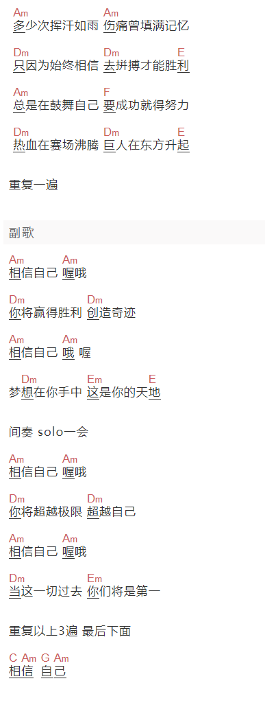 零点乐队《相信自己》吉他谱C调和弦谱(txt)1