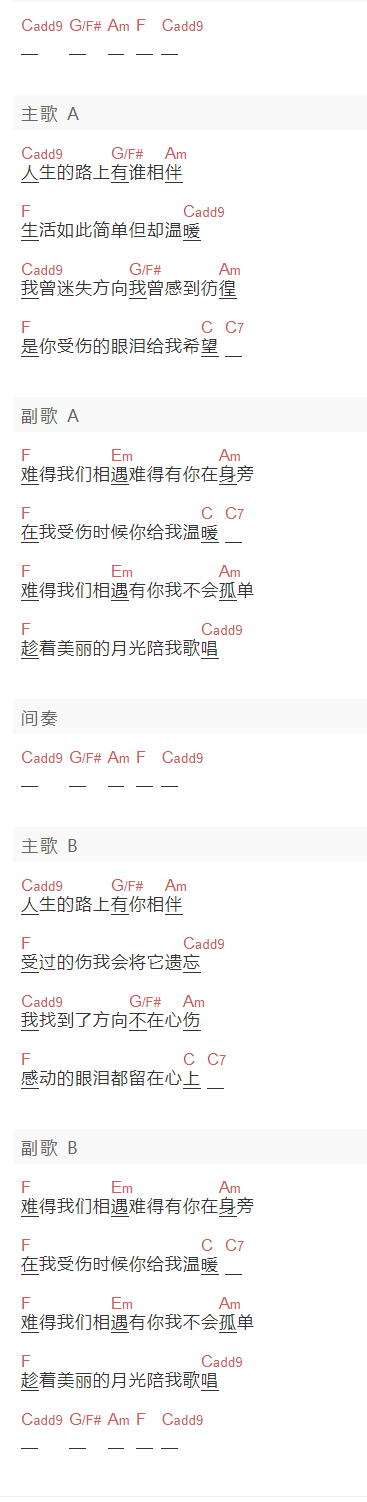 爱玩音乐《相遇》吉他谱C调和弦谱(txt)1
