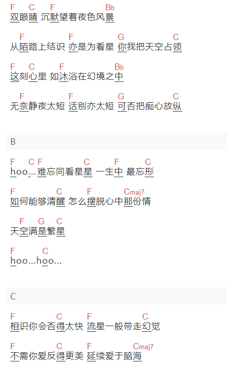BEYONDY《看星》吉他谱C调和弦谱(txt)1