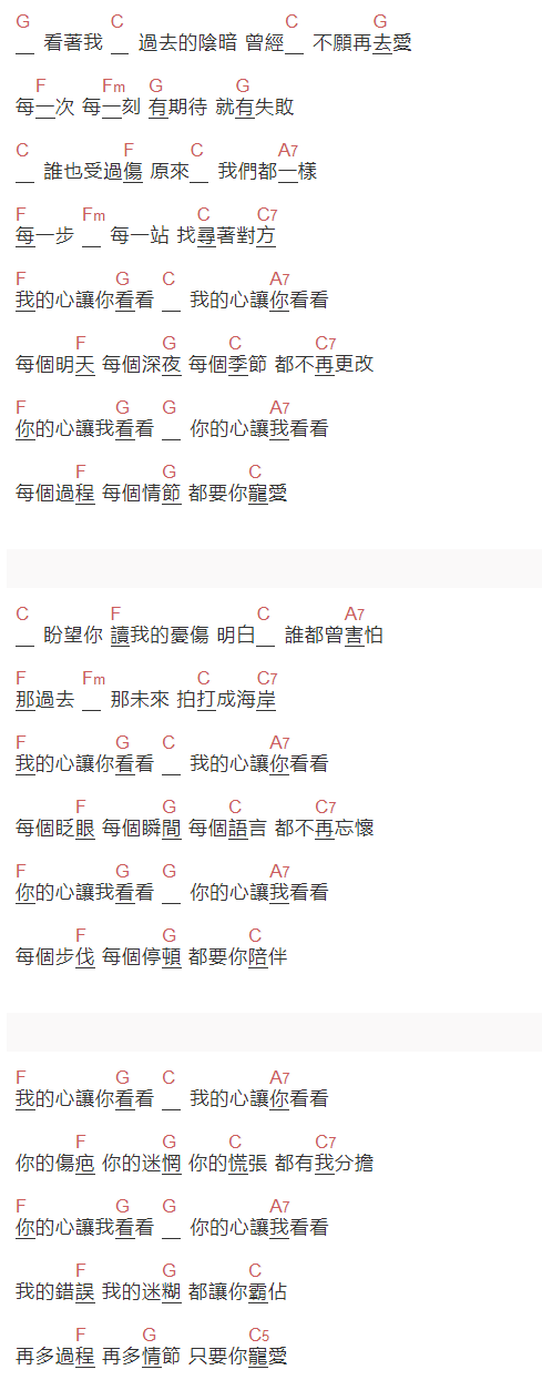 莫文蔚《看看》吉他谱C调和弦谱(txt)1