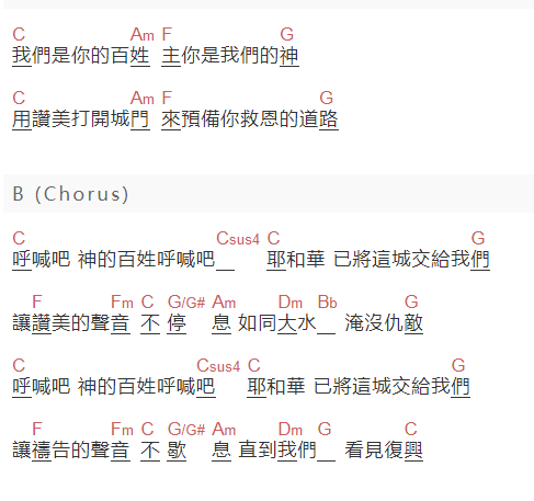 讚美之泉《看见复兴》吉他谱C调和弦谱(txt)1