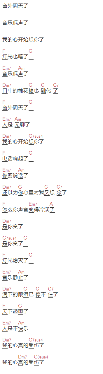 《真的受伤了》吉他谱C调和弦谱(txt)1