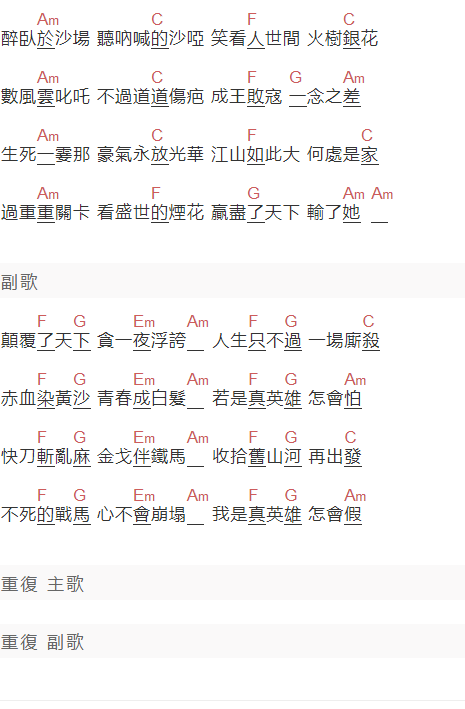 張衛健《真英雄》吉他谱C调和弦谱(txt)1