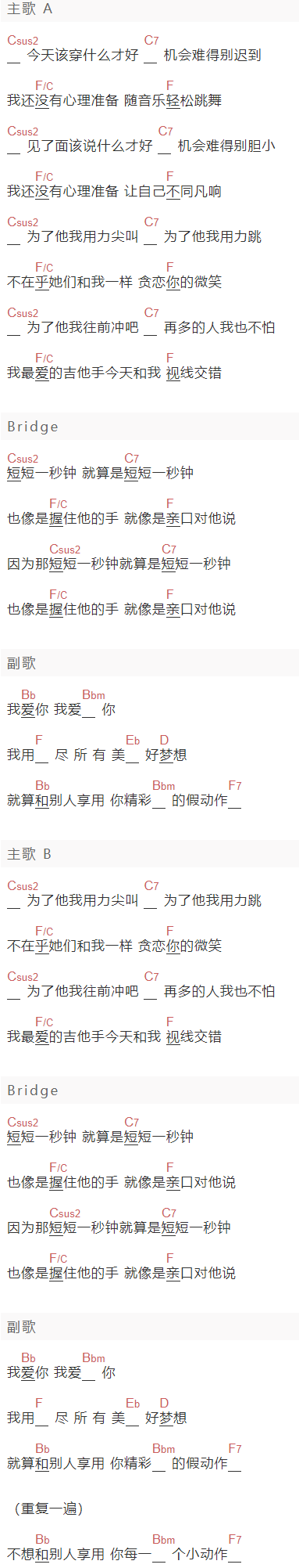 陈绮贞《吉他手》吉他谱C调和弦谱(txt)1