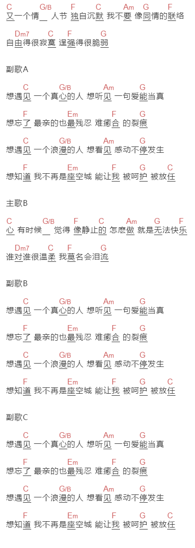 曾咏熙《想遇见一个人》吉他谱C调和弦谱(txt)1