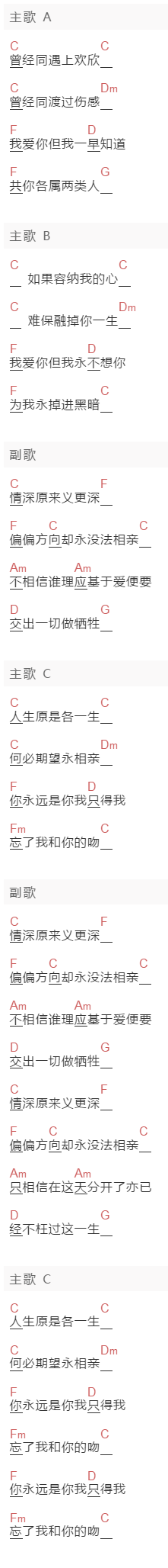 袁凤瑛《情深义更深》吉他谱C调和弦谱(txt)1